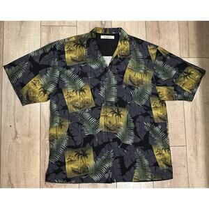 Tommy Bahama Silk XL Wood Button Down Hawaiian Floral Tropical Shirt Black Green